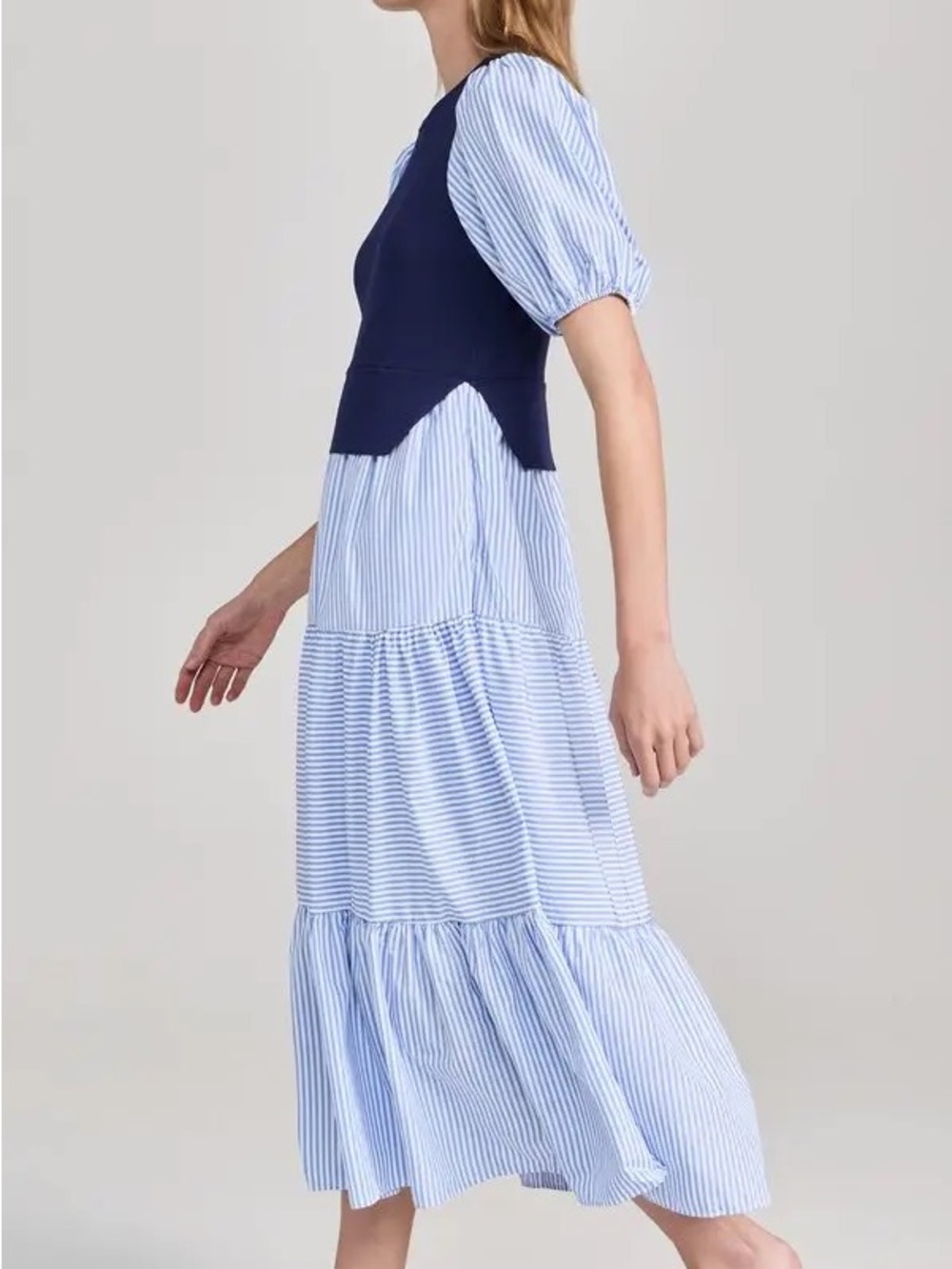 English Factory Light Blue Striped Midi Dress with Navy Bodice